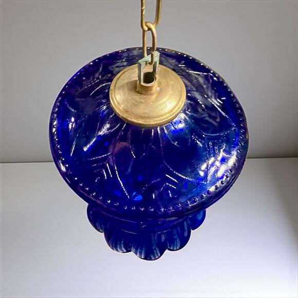 Vintage Cobalt Blue Hundi Glass Lantern-23'' Brass-Bell Pendant Hanging Light - Picture 3 of 13